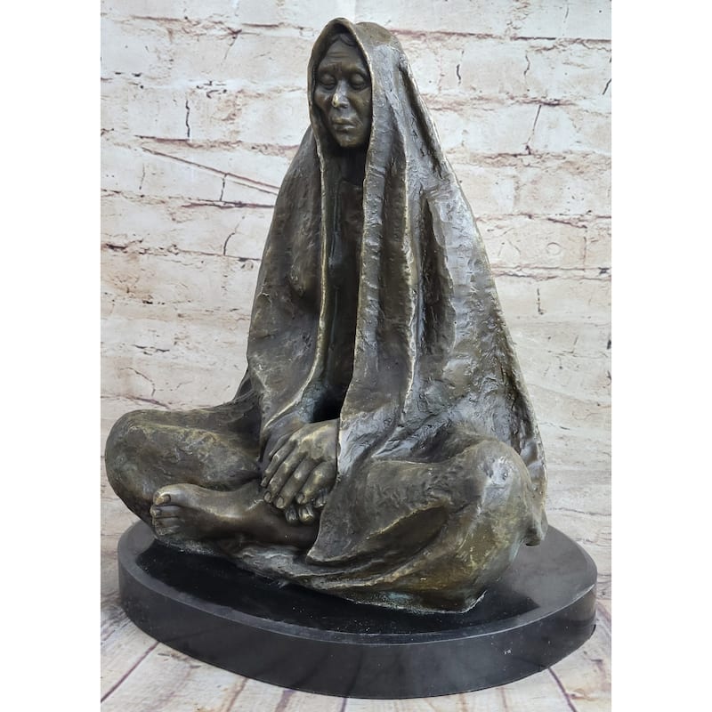 Native American Indian Shaman Medicine Man Sitting Cross Legged Bronze Statue Sculpture