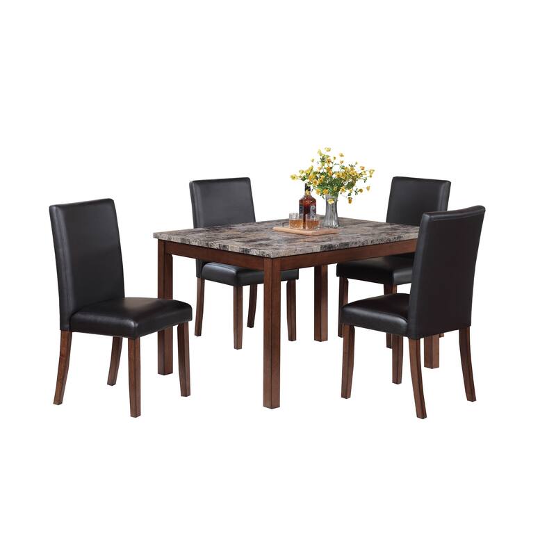 Modern Faux Marble top Table 4x Side Chairs Faux Leather Upholstered 5pc Dining Set