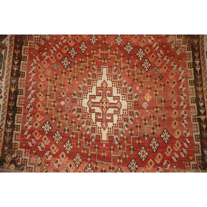 Geometric Shiraz Persian Vintage Area Rug Handmade Orange Wool Carpet - 5'0"x 8'9"