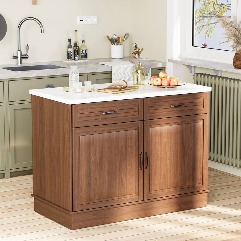 EROMMY 48" Kitchen Island Cabinet with Marble Countertop, Walnut Finish, 2 Drawers & 2 Cabinets