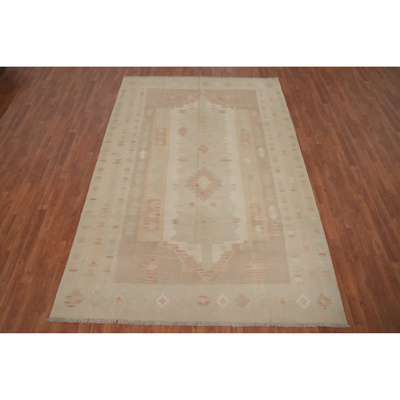 Hand Woven Oriental 100% Wool Carpet Southwestern Tribal Beige & Ivories Kilim Area Rug - 9' 8'' X 6' 7''