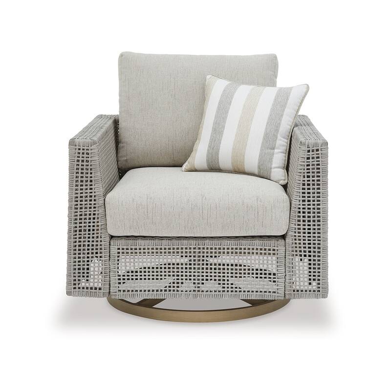 Yami 36 Inch Outdoor Swivel Lounge Chair, 1 Throw Pillow, Gray Wicker
