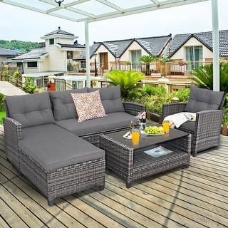 Costway 4PCS Patio Rattan Furniture Set Cushioned Loveseat Table Shelf - Grey - See Details