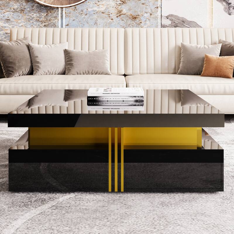 43.3" Modern Square Coffee Table with 4 Hidden Drawers, Glossy Living Room Table with Gold Accents, Space-Saving Storage Table