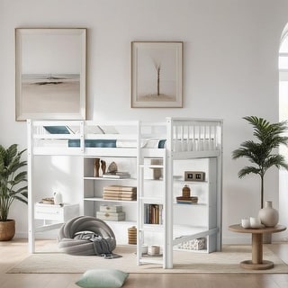 Space Saving Design Twin Size Loft Bed with 8 Open Storage Shelves and Built-in Ladder
