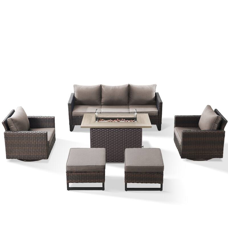 Patio Sofa 2 Swivel Chairs Ottomans and Fire Table Brown-Grey - Brown