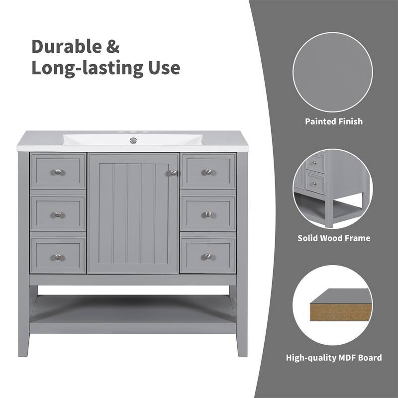 36" Bathroom Storage Wood Vanity Cabinet with Ceramic Sink and Shelf