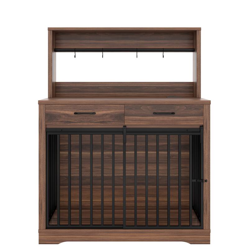 43.3" Dog Crate Furniture with 3 Drawers Indoor Wooden Dog Kennel, 2 Door Dog Cage End Table with Portable Feeder