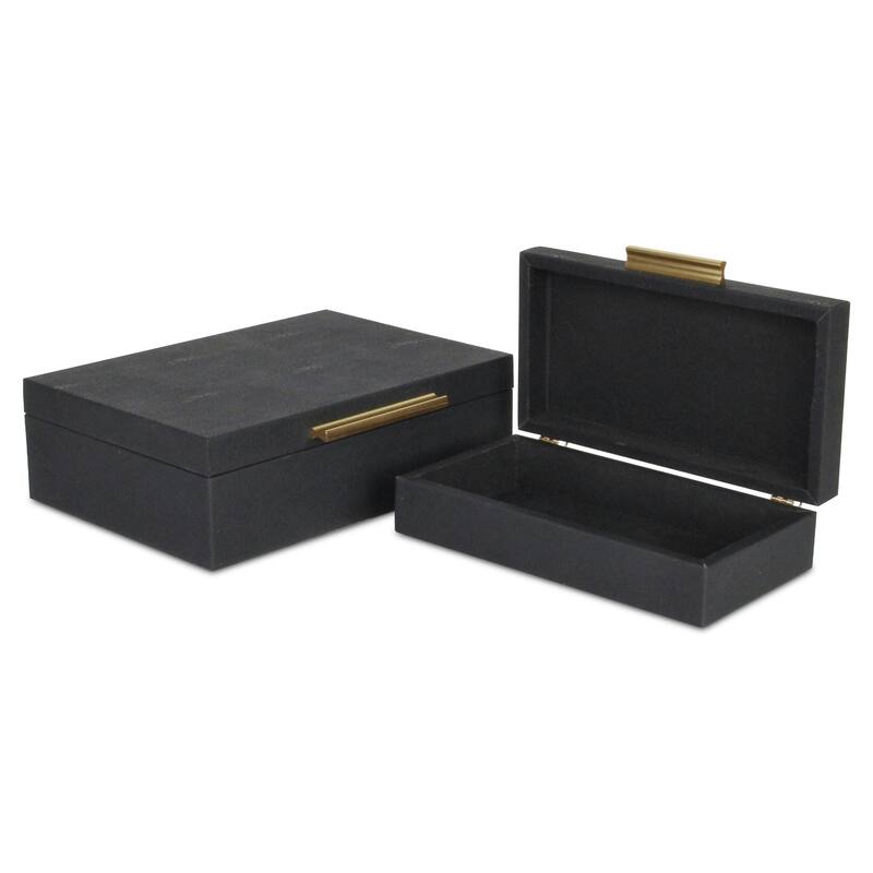 Set of 2 Black Rectangular Faux Shagreen Decorative Box with Handles 11.75"