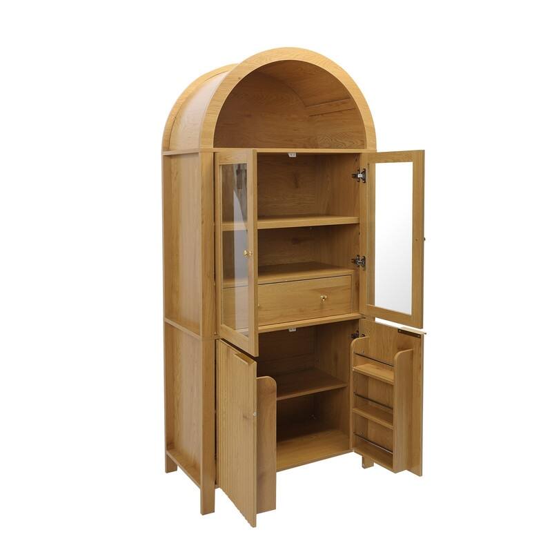 71" Tall Fluted Arched Pantry Cabinet with Glass Doors and Adjustable Shelves for Elegant Kitchen Storage