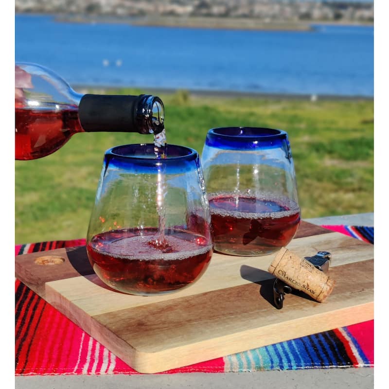 Hand Blown Mexican Stemless Wine Glasses - Set of 6 Glasses with Cobalt Blue Rims (15 oz)