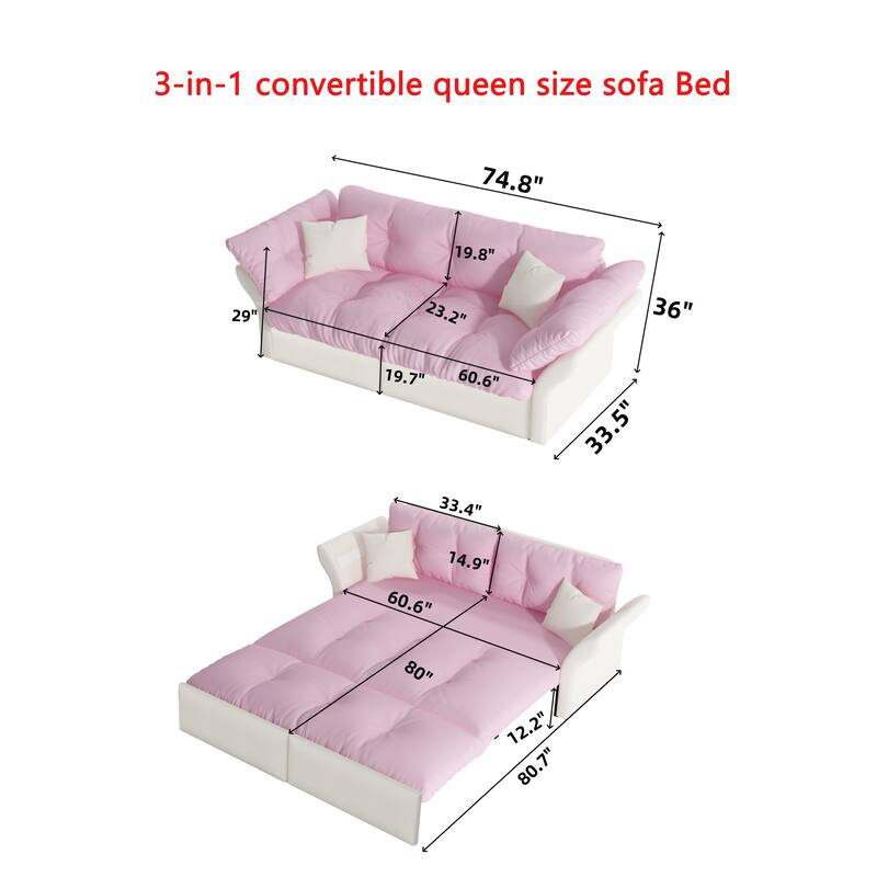 74.8" Queen Pull Velvet Out Sofa Bed, 3-in-1 Convertible Sleeper Tufted Sofa with 2 Soft Pillows-Pink