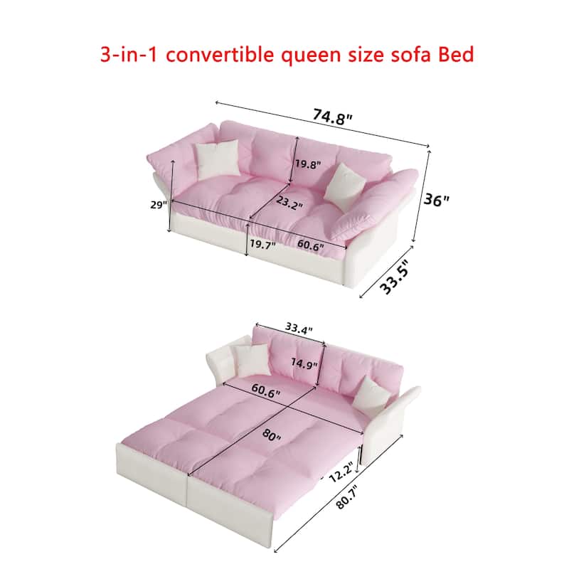 Queen Pull Out Sofa Bed, 3-in-1 Convertible Sleeper Tufted Sofa with 2 Soft Pillows, Velvet Loveseat Bed