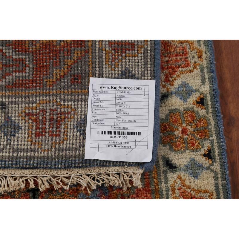 Blue Geometric Khotan Indian Runner Rug Hand-Knotted Wool Carpet - 2'8"x 7'10"