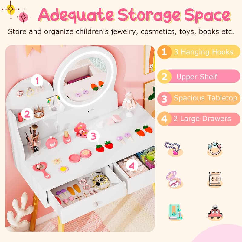 Gymax Kids Vanity Set w/ Lighted Mirror Princess Makeup Dressing Desk
