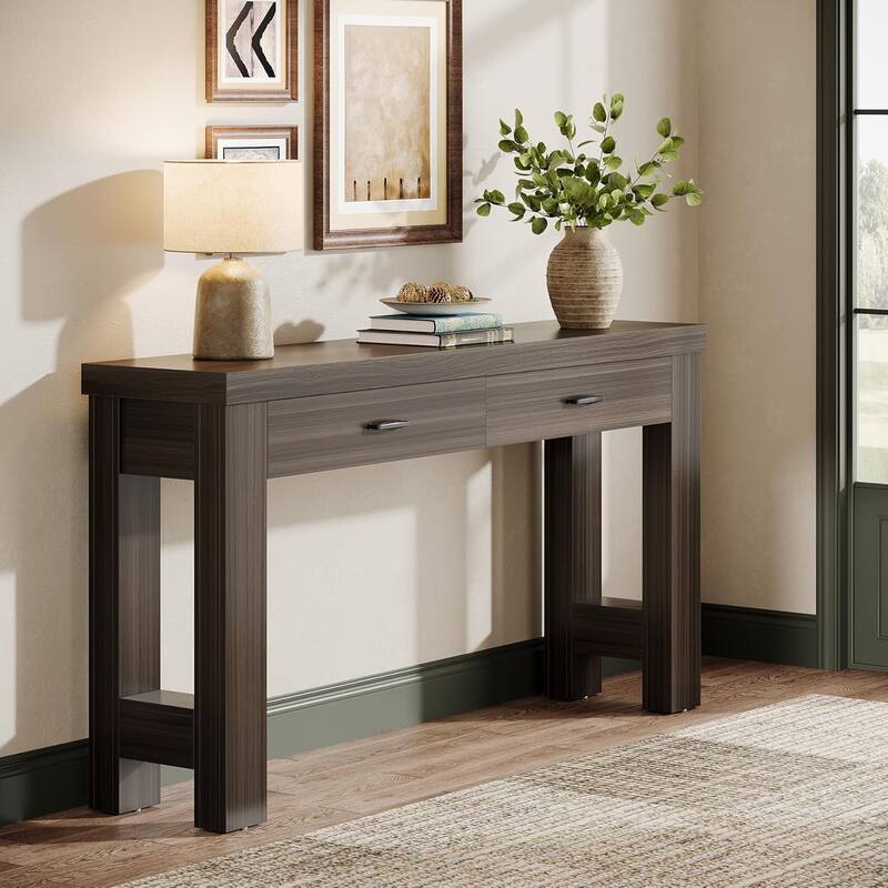 63 Inches Console Table with 2 Drawers, Wood Entryway Table with H-Shaped Legs