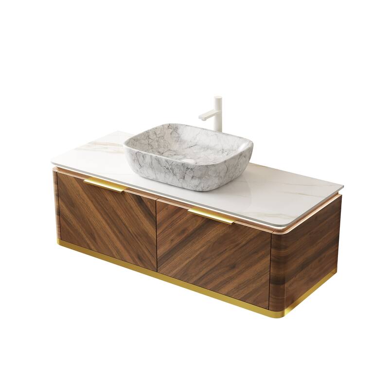 GDF Studio - Dipa 48" Sintered Stone Countertop Bathroom Vanity with Ceramic Vessel Basin & Sensor Light, WITHOUT Faucet