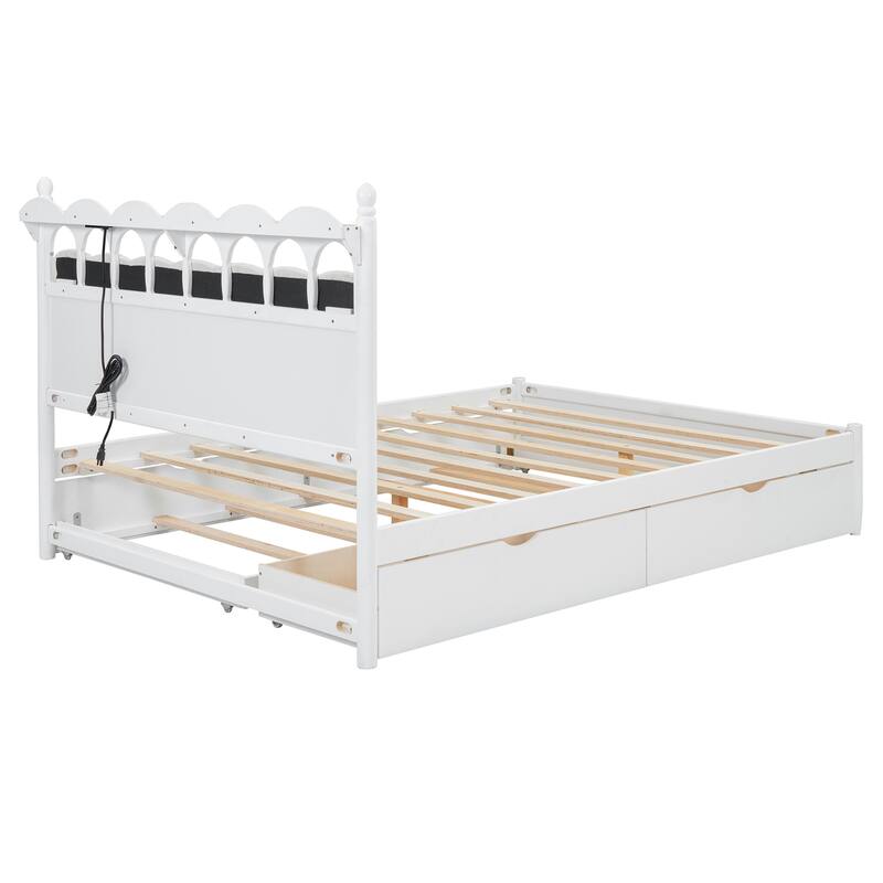Queen Size Wooden Storage Platform Bed with 2 Drawers, Trundle, USB Ports & Sockets, White