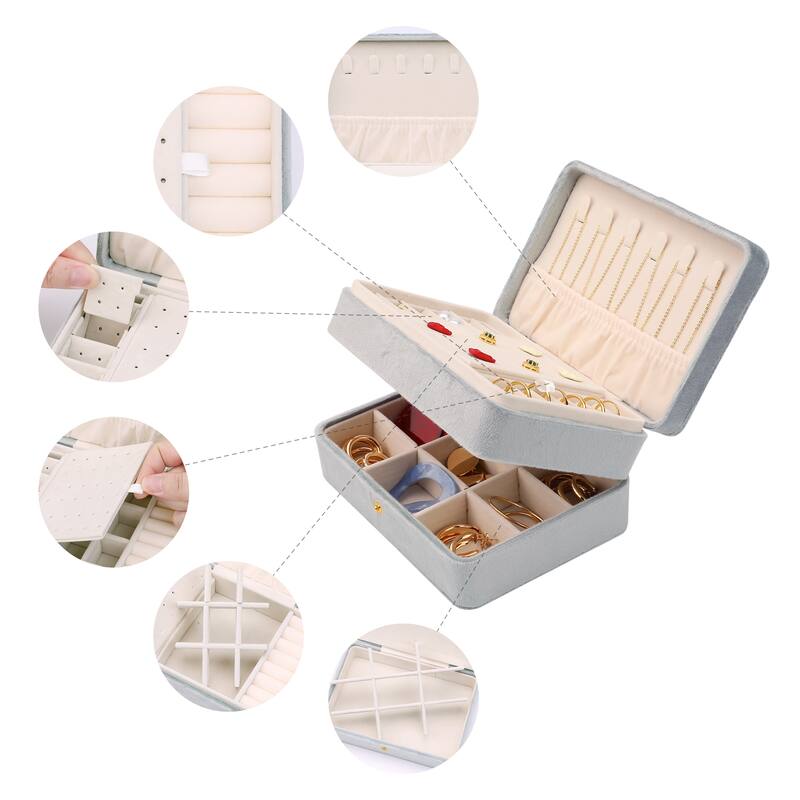 2 Layer Jewelry Box for Women, Plush Velvet Jewelry Organizer Case Storage Display Holder with Drawer, Removable Jewelry Tray