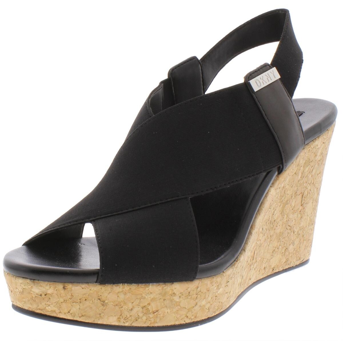 Shop Dkny Womens Jamara Wedge Sandals Leather Trim Cork Black