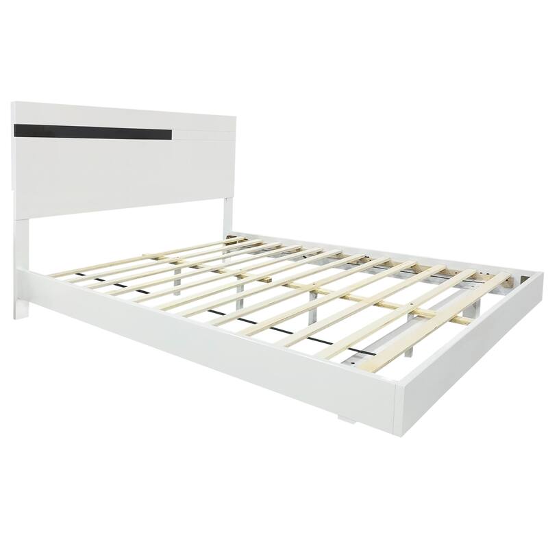 Queen Floating Bed Wood Platform Bed with LED Light and 2 Nightstands