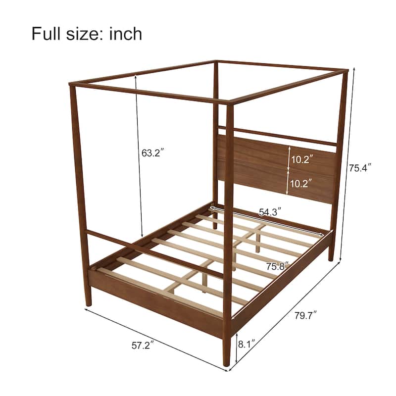 Walnut Wooden Canopy Bed Frame Panel Wingback Bed Four Posters Bed with Complete Roller Track on The Top No Box Spring Needed