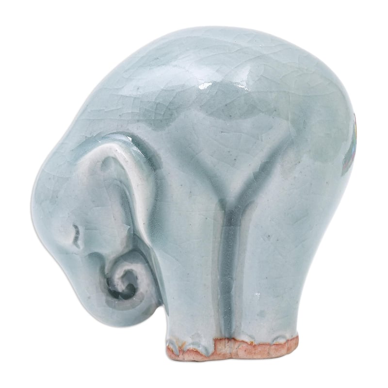 Novica Handmade Elephant Forward Bend Celadon Ceramic Figurine