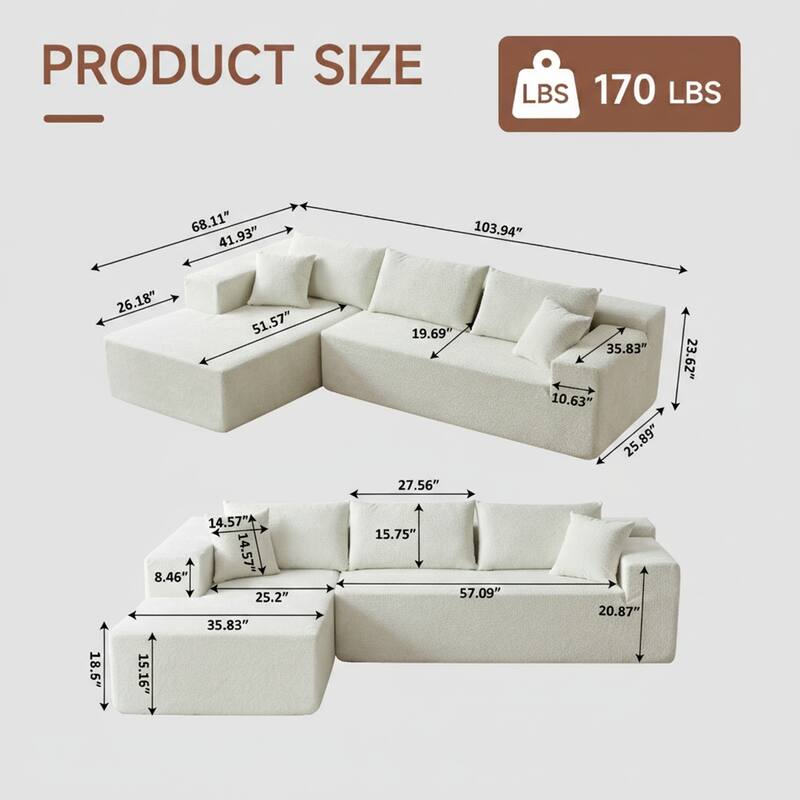 103.54" L-Shaped Modern High-Density Sponge Velvet Modular Sectional Sofa with Chaise & Pillows
