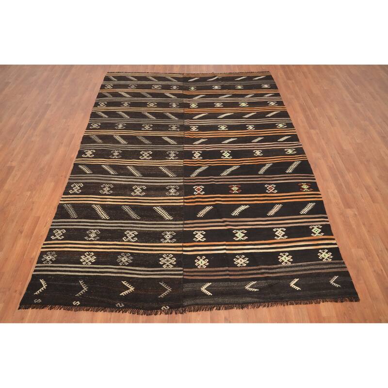 Hand Woven Oriental 100% Wool Carpet Southwestern Tribal Brown Kilim Area Rug - 9' 6'' X 6' 11''