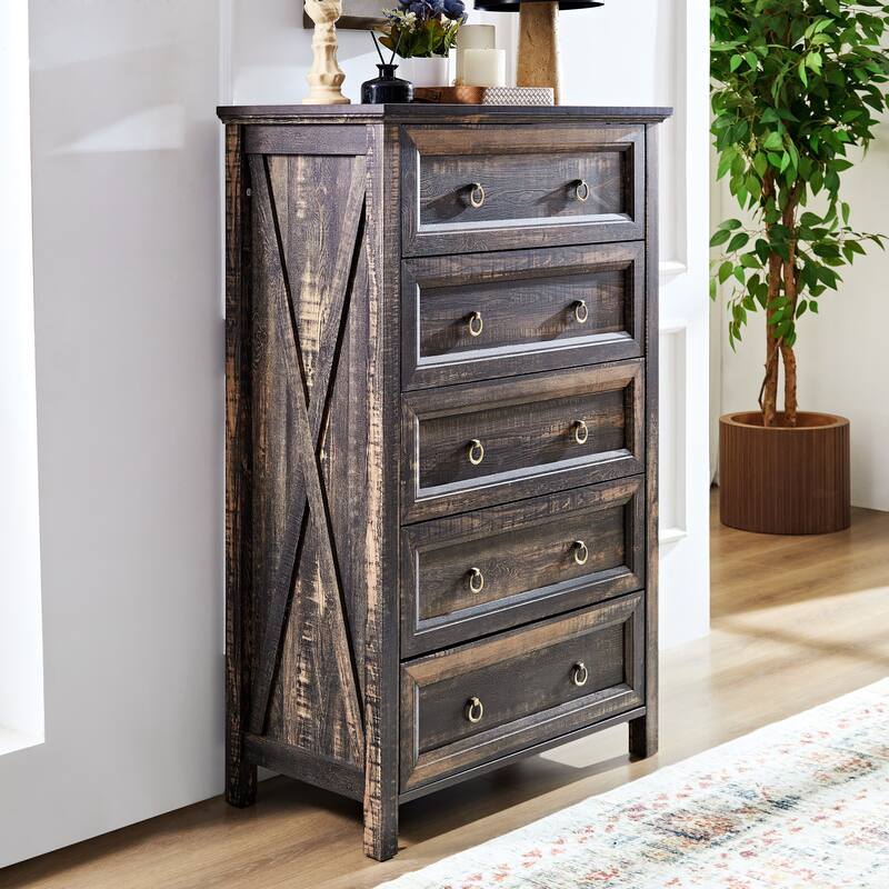 Farmhouse Style 5-Drawer Vertical Chest with Rustic Wood Wide Finish and Metal Ring Handle