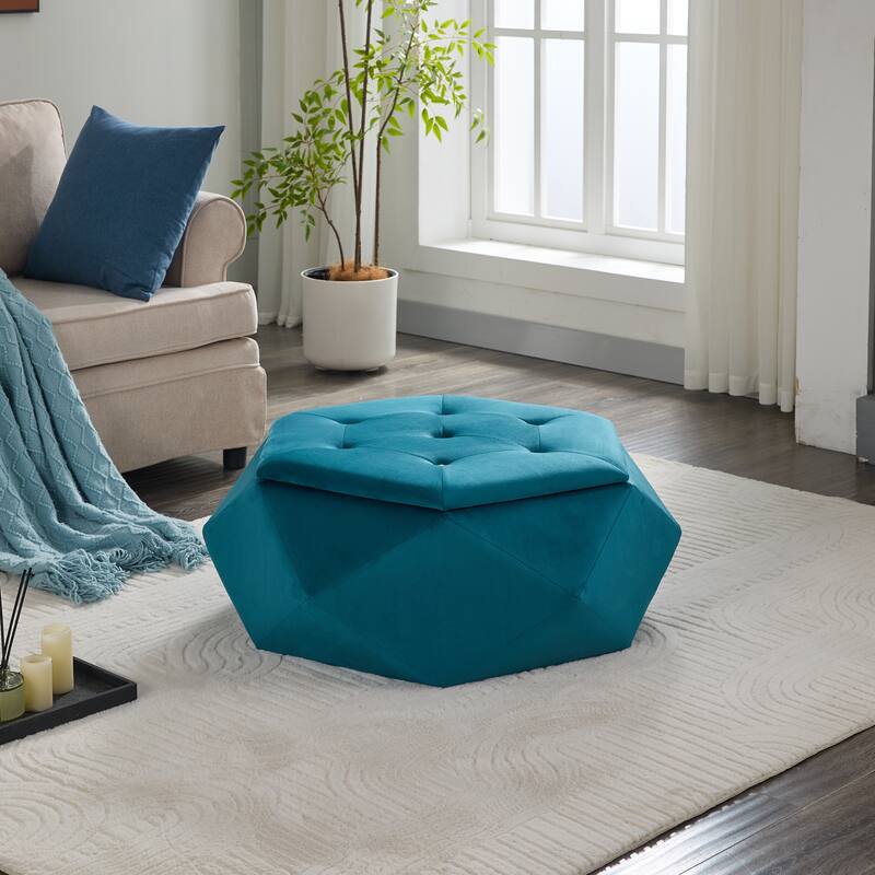 Blue Elegant Velvet Diamond Tufted Storage Ottoman - Multi-Functional Seating for Living & Bedroom
