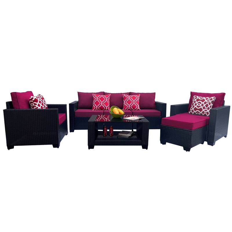 7 Piece Patio Furniture Set, Outdoor PE Rattan Wicker Sectional Sofa Set with 2 Sofa Chairs and Tempered Glass Table