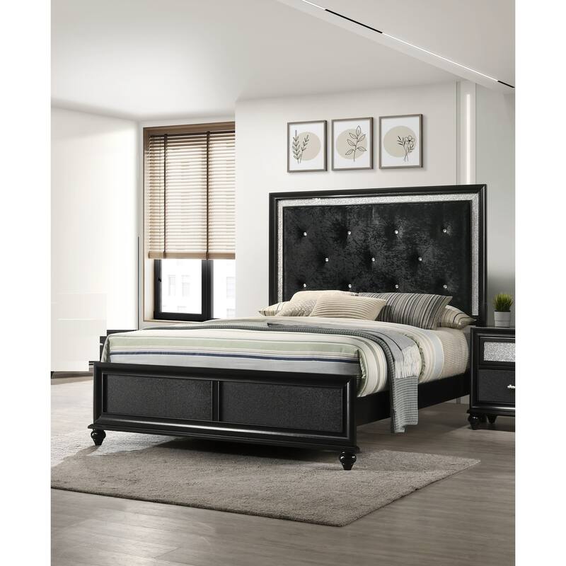 Full Size Solid Wood Modern Platform Bed with Diamond Tufted Headboard and Crystal Accents - Black