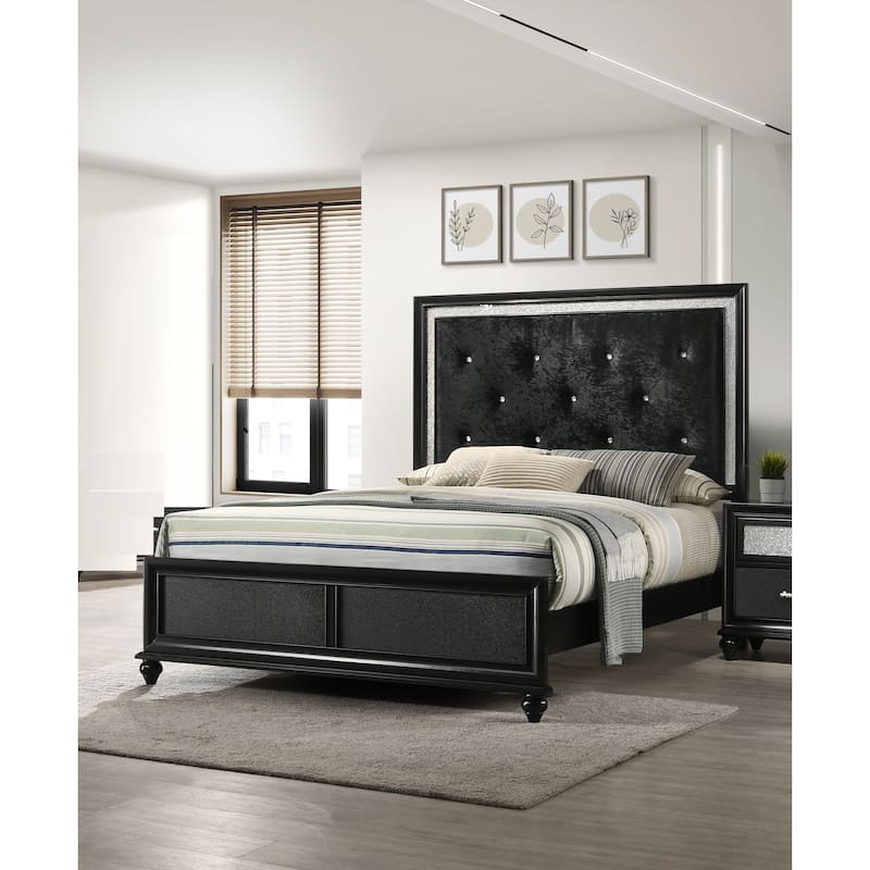 Queen Size Fabric Panel Bed with Diamond Tufted Headboard and Crystal Accents - Black