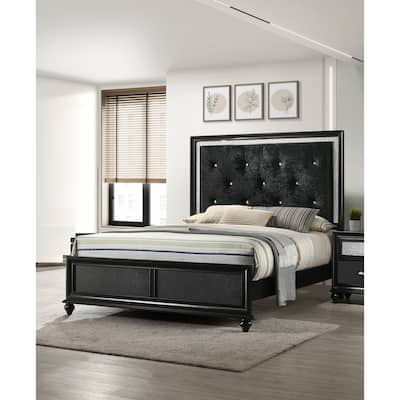 Queen Size Fabric Panel Bed with Diamond Tufted Headboard and Crystal Accents