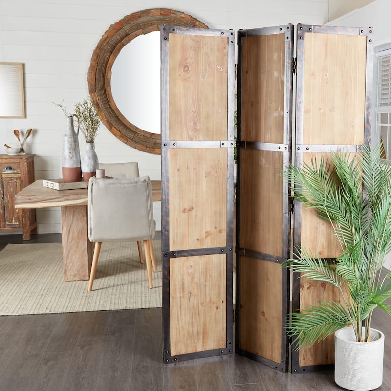 Wood Hinged Foldable Partition 3 Panel Room Divider Screen with Solid Wood Panels - Brown - Roche River Decor - 1"Wx48"Lx71"H