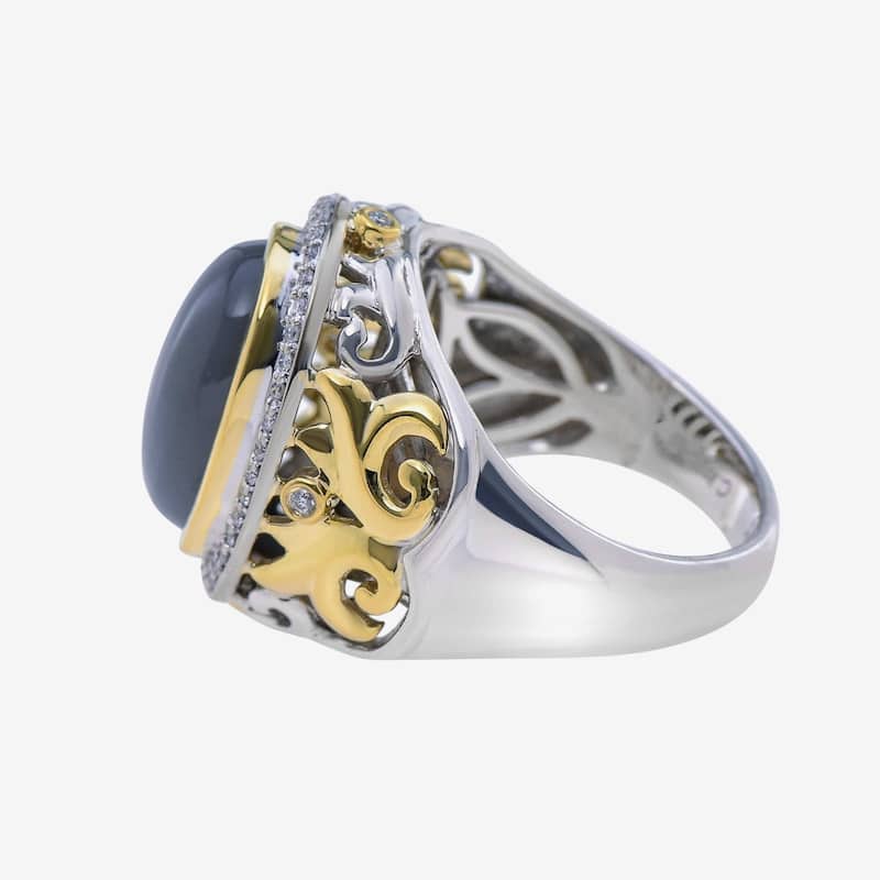 Charles Krypell Sterling Silver and 18K Yellow Gold, Grey Moonstone and White Diamond Statement Ring Sz. 6.75