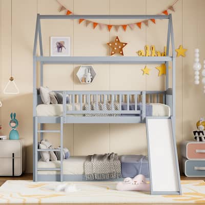 Twin Over Twin Bunk Bed with Slide, House Bed with Slide, Gray