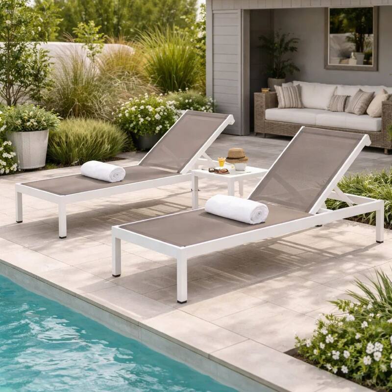 Edie 76 Inch Outdoor Adjustable Chaise Lounger, Metal Frame, Gray Textilene