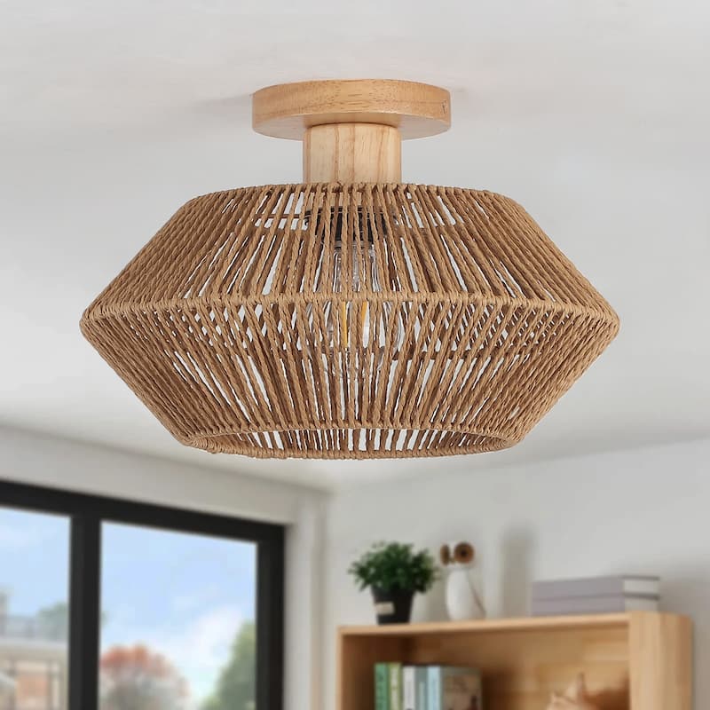 Boho 1-Light Semi-Flush Mount Chandelier with Drum Shade for Living Room Kitchen Island Dining Foyer - W12.6"x H5.71"