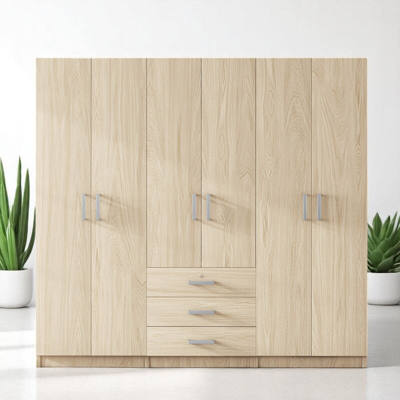 Modern 6-Door Wooden Wardrobe Armoire with Shelves, Drawers, and Locking Storage for Bedroom Use - Brown