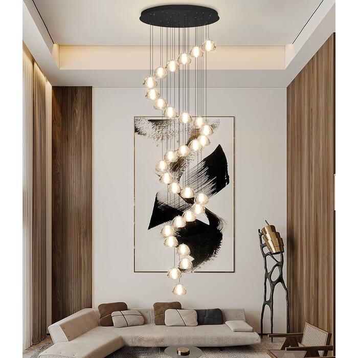 KAYLA 30-Lights Gold Modern Crystal Chandelier for Staircases, 157" Extra-Long Adjustable LED Ceiling Light - 30-Light - Black