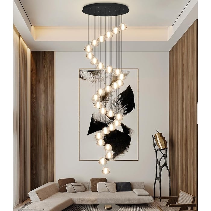 KAYLA 30-Lights Gold Modern Crystal Chandelier for Staircases, 157" Extra-Long Adjustable LED Ceiling Light