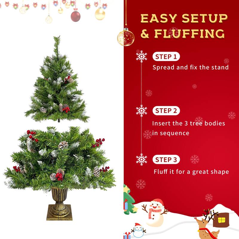 Roomfitters Pre Lit Artificial Christmas Tree 4 Piece Set with Garland, Wreath and 2 Entrance Trees Holiday Decoration, Green