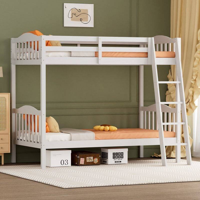 Twin Over Twin Solid Wood Bunk Bed for Kids and Adults, No Box Spring Required - White - Twin