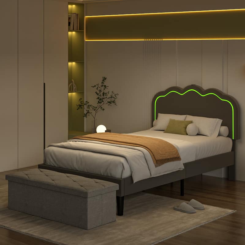VECELO Upholstered Bed Frames with Headboard & LED Lights and Storage Ottoman (Set of 2),Bedroom Set