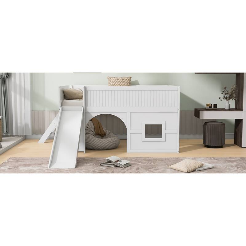 Roomfitters Full Low Loft Bed with Slide, Storage Shelves and Window Design