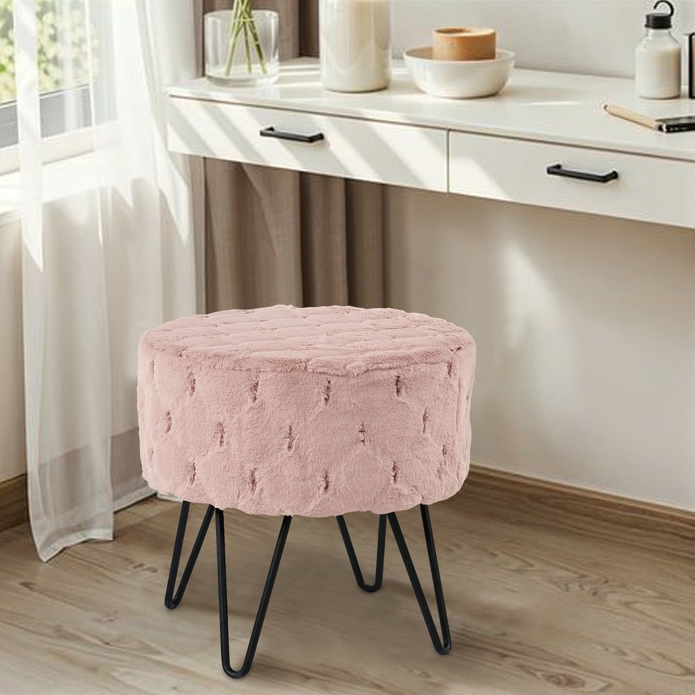 Jacquard Solid Fauxfur Round Ottoman