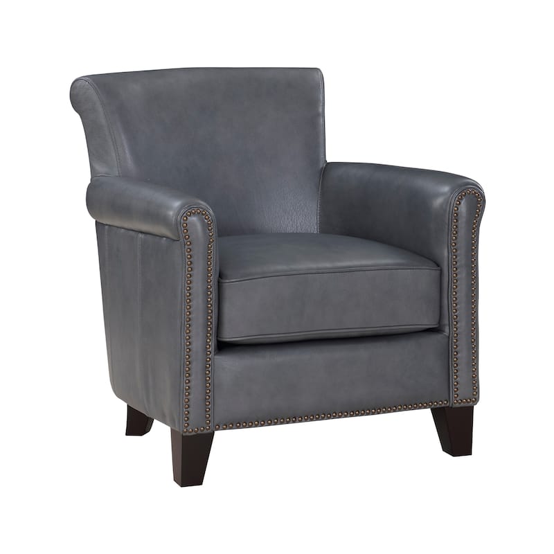 Tria 35 Inch Accent Chair, Gray Top Grain and Split Leather, Solid Wood