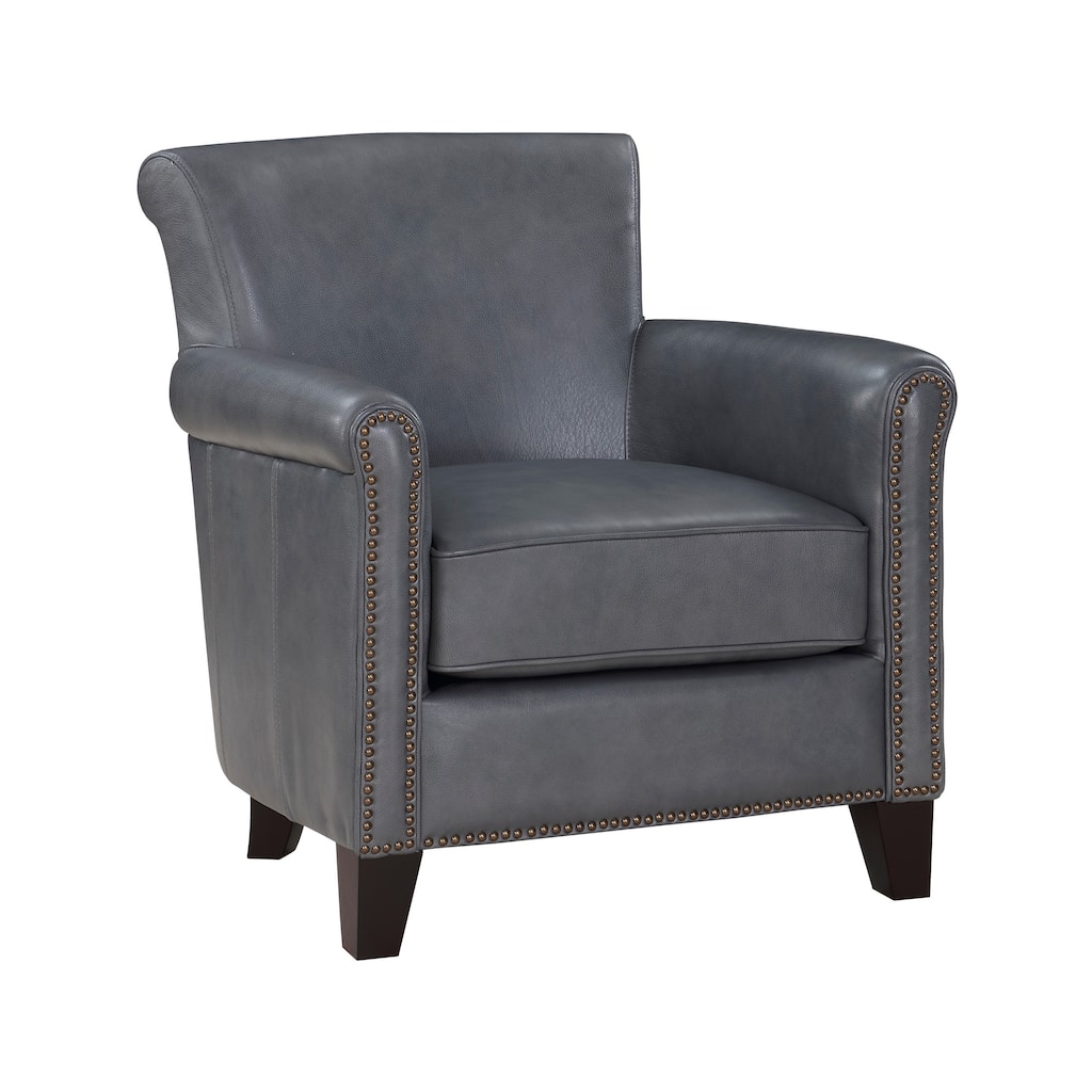 Tria 35 Inch Accent Chair, Gray Top Grain and Split Leather, Solid Wood